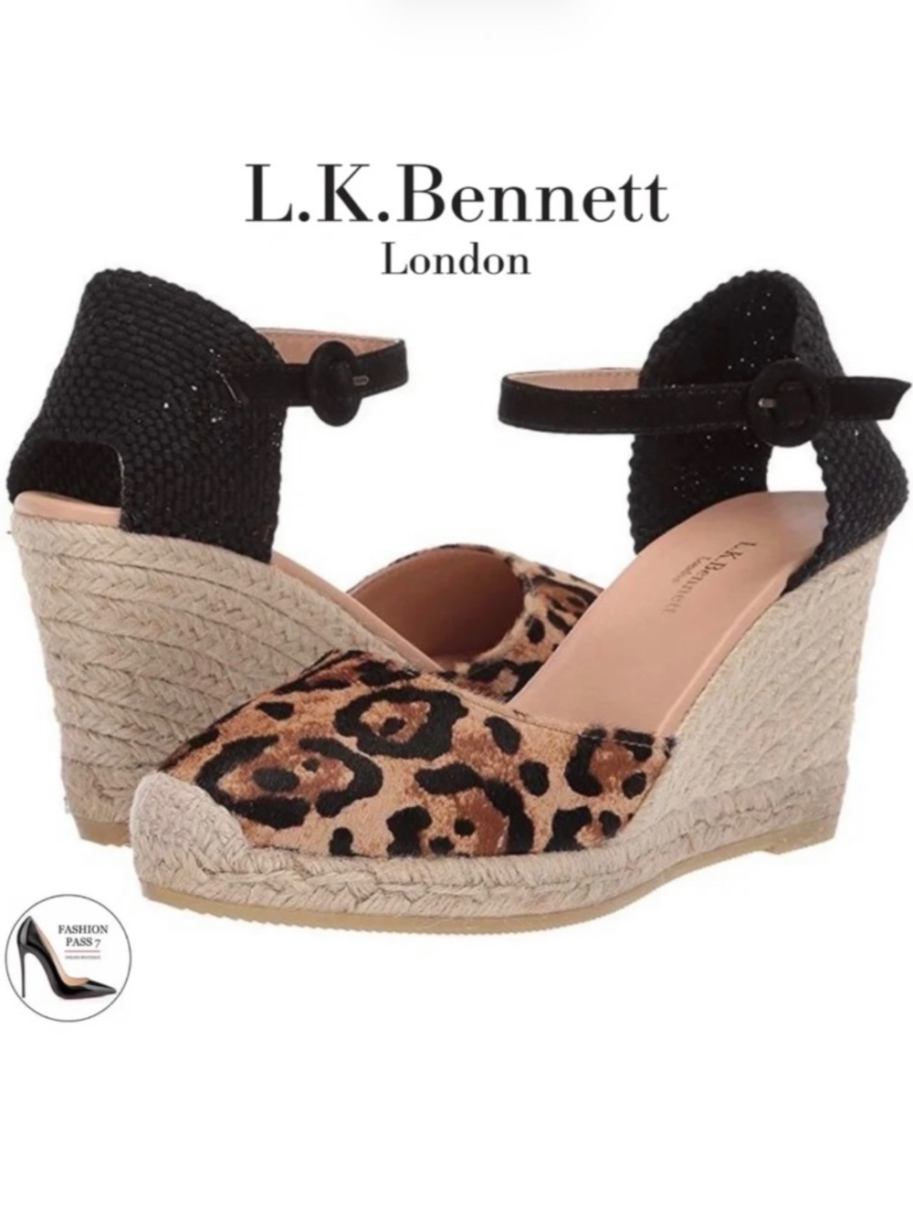 L. K. Bennet Harrison Designer Leopard Print Leather Wedge Espadrille Sandals 37